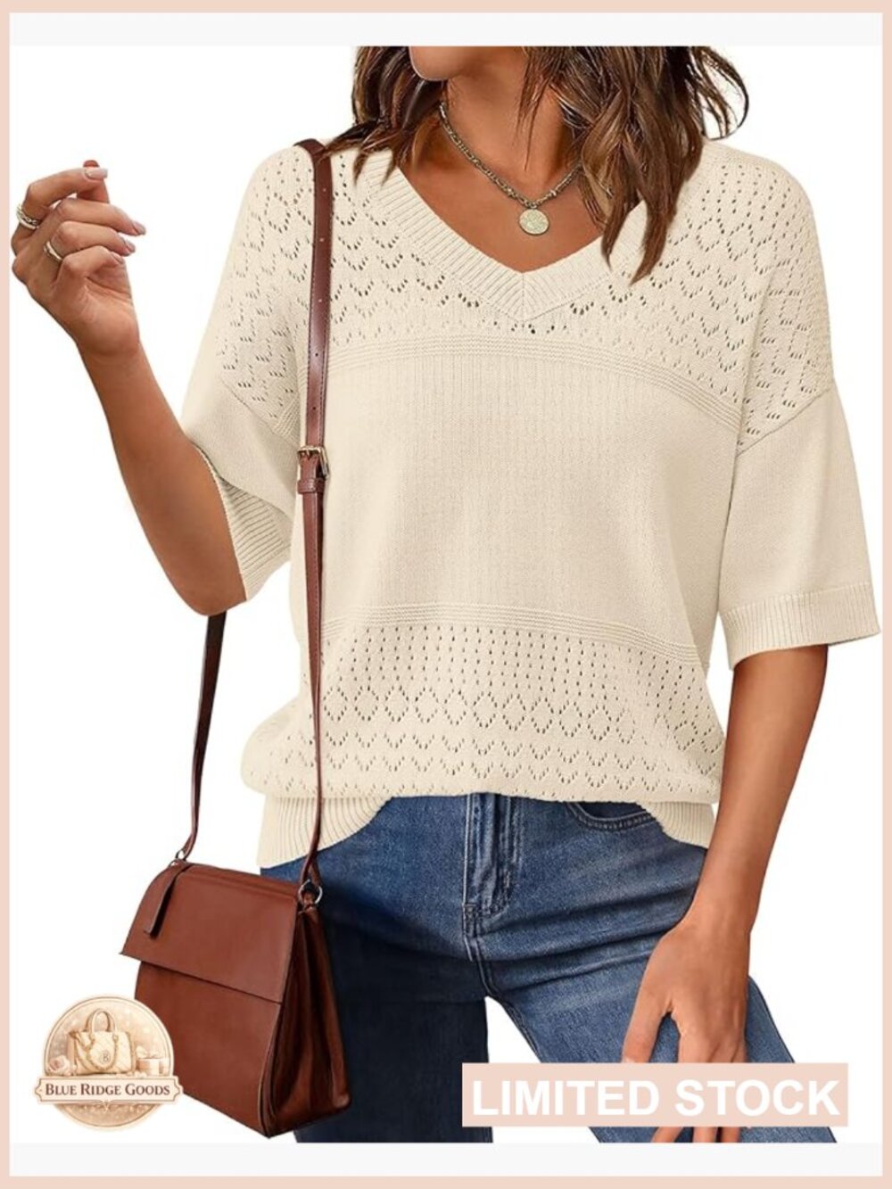 V Neck Knit Pullover Short Sleeve Sweater Blouse Trendy Eyelet Casual Tops